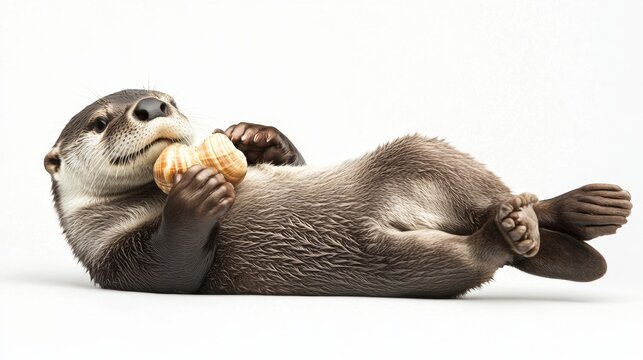 Playful Otter Floating on Its Back, Enjoying a Shell, Close-Up Photograph Capturing the Adorable Features and Curious Expression of This Aquatic Mammal
