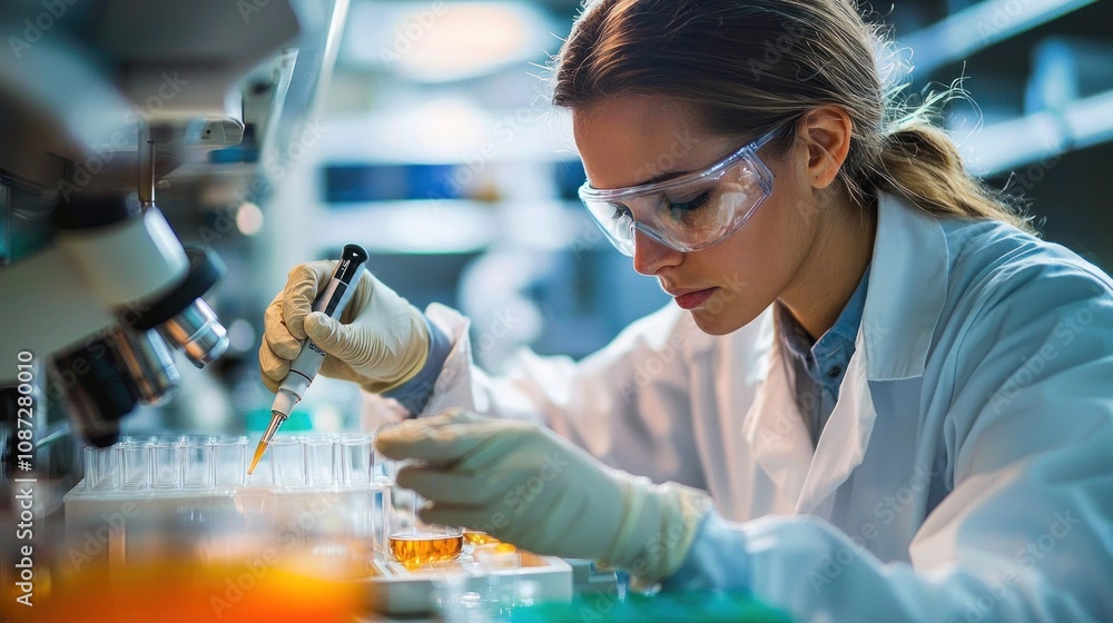 Aufkleber a scene of a scientist working in a lab, focused on finding a way to eliminate harmful bacteria from