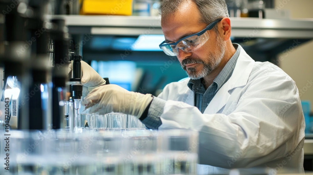 Aufkleber a scene of a scientist working in a lab, focused on finding a way to eliminate harmful bacteria from