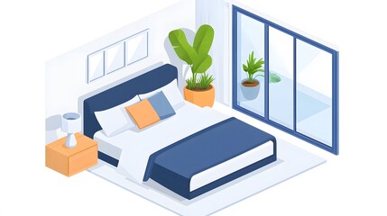 3D isometric render of a modern interior furniture set, bed, armchair, sofa, minimal cartoon style