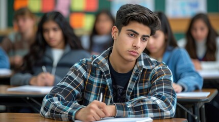 High school student in debate class attentively listening, with classmates focused in background, scene captures a young student engagement in learning and participation in a classroom environment.
