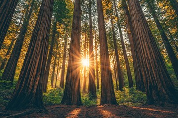 Obraz premium Sunset Rays Filtering Through Majestic Redwoods in a Serene Forest