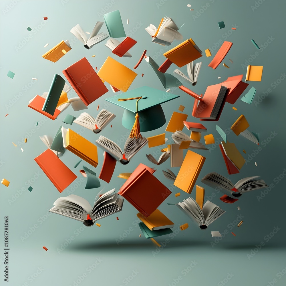 Poster whimsical surreal image depicting a graduation cap floating above an array of open books their pages