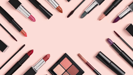 Elegant cosmetics arranged in flat lay on soft pink background