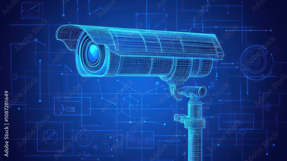Poster a digital rendering of a surveillance camera on a blue background with technical elements.