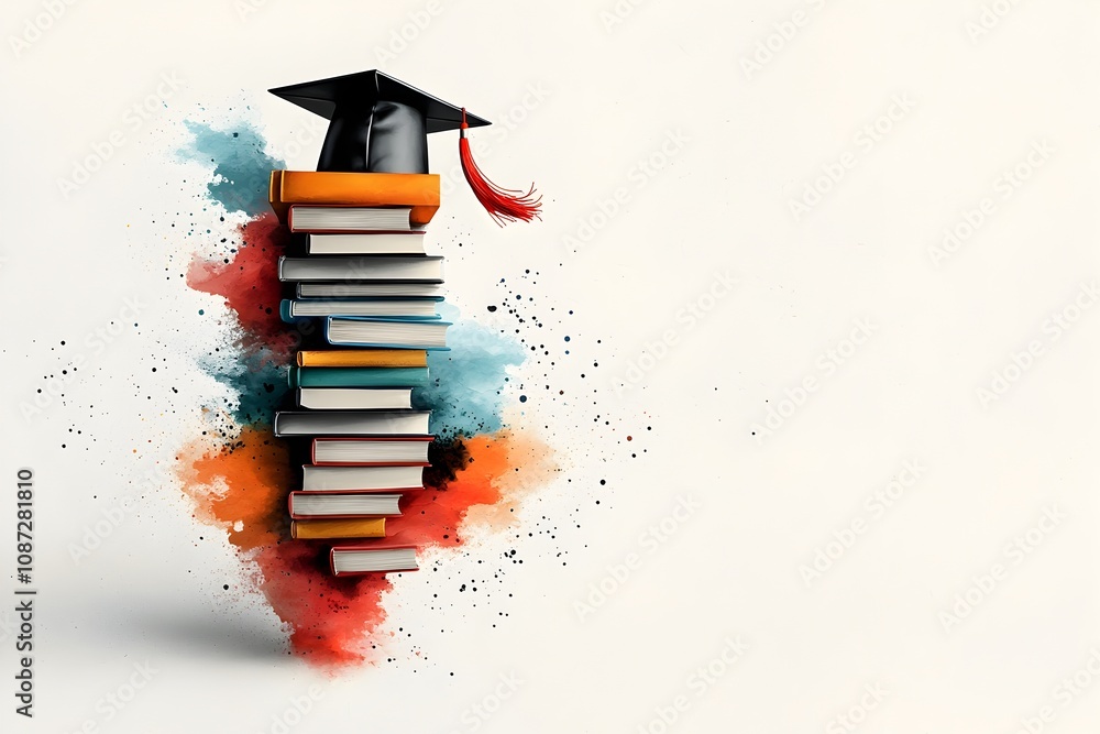 Poster a minimalist abstract interpretation of a graduation cap balanced on a tower of textbooks symbolizin