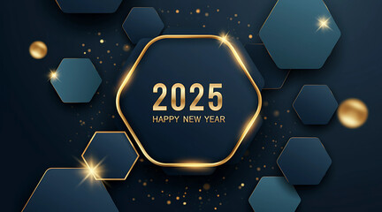 A luxurious New Year design featuring a glowing golden hexagon with "2025 Happy New Year" text, set against a deep blue background with sparkling gold particles and geometric accents. generative ai
