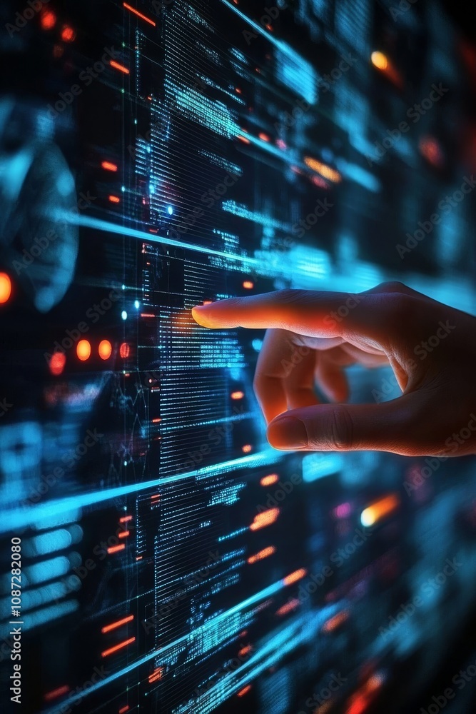 Poster a closeup of a hand interacting with a digital interface, blending technology with human touch in a 