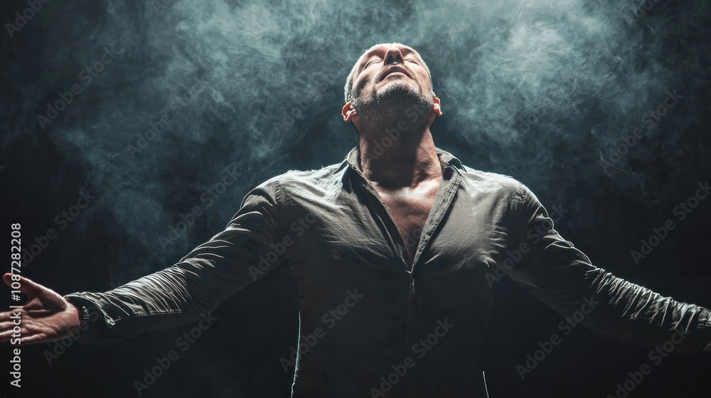 Poster a powerful scene of an actor displaying deep emotion in a dramatic performance, captivating the audi