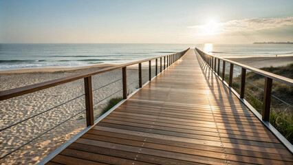 Obraz premium serene beach boardwalk extends towards horizon, framed by golden sand and gentle waves. sun casts warm glow, creating peaceful atmosphere