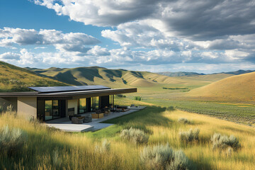 Modern sustainable home nestled in a vast, rolling landscape under a dramatic sky.  The architecture complements the natural beauty of the setting.
