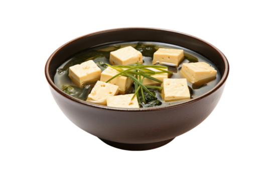 Miso soup in a traditional Japanese bowl with tofu cubes and seaweed floating on the surface isolated on white background