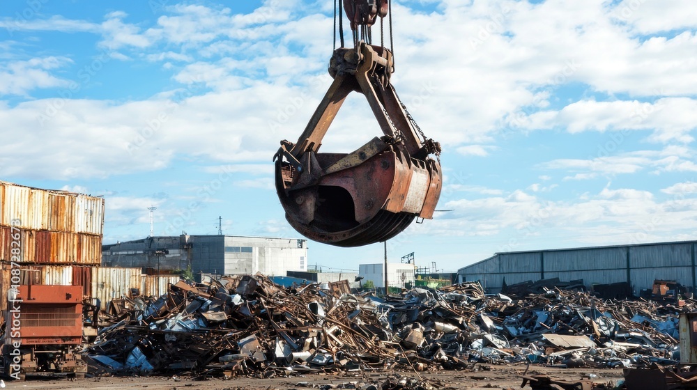 Poster a powerful electromagnet in use at a scrapyard, lifting heavy metal objects as part of the recycling