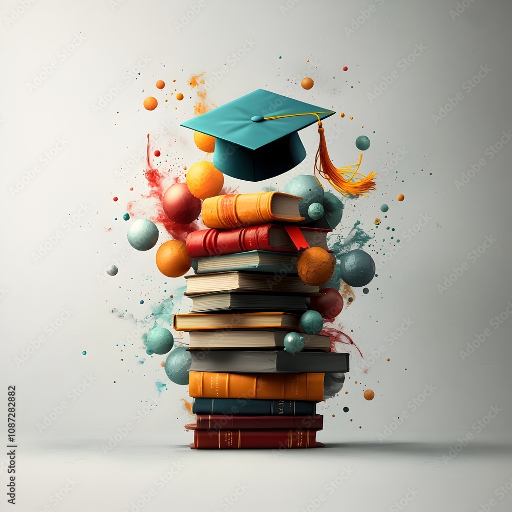 Aufkleber whimsical imaginative composition featuring a vibrant graduation cap soaring above a sprawling stack
