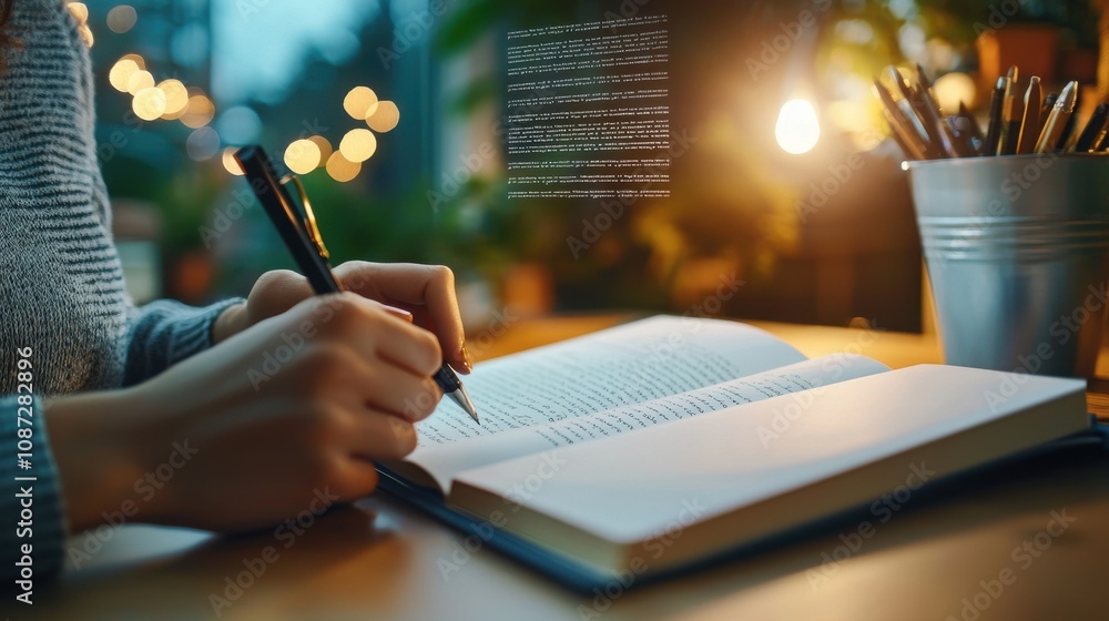 Poster creative writing space with holographic text display