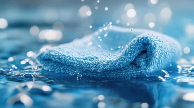 A vibrant water deep cleaning cloth shines with droplets effectively removing tough stains from kitchen fabric surfaces