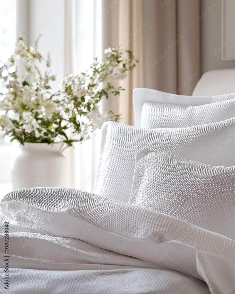 Poster a serene bedroom scene featuring soft white bedding and a vase of fresh flowers, creating a calming 