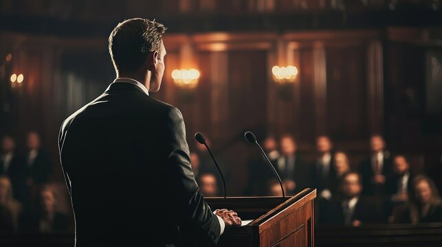 A politician delivering an eloquent speech to a captivated audience, using powerful language to inspire change