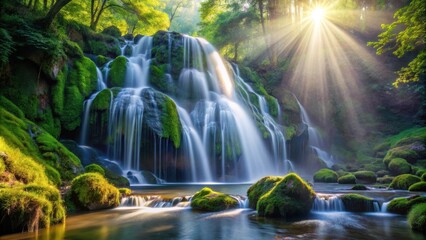 Obraz premium Sunbeams pierce through the lush canopy, illuminating a cascading waterfall that flows over moss-covered rocks in a serene forest.