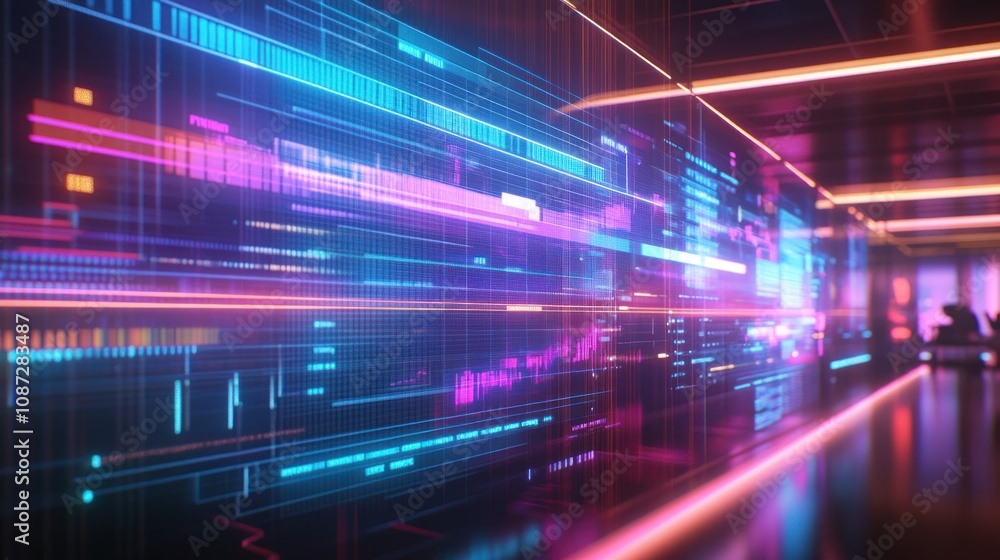 Poster a futuristic digital interface with vibrant neon lines and data visualizations.