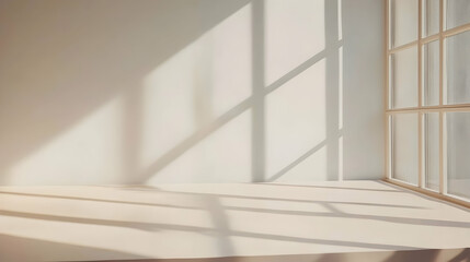 Obraz premium Serene sunlit room interior with window light casting shadows. Minimalist, neutral tones, perfect for product display or background.