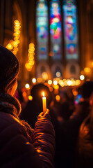 Candlelit Vigil in a Dimly Lit Church with Stained Glass Windows and a Close-Up of Hands Holding a Candle