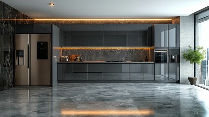 Modern Dark Kitchen Design With Marble Floor And City Views