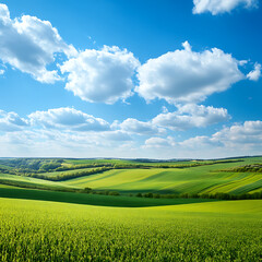Fototapeta premium Serene Landscape of Rolling Green Hills Under Blue Sky with Fluffy White Clouds and Lush Vegetation in Vibrant Natural Setting