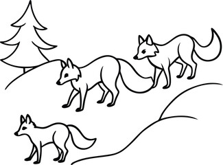 Three Foxes in a Snowy Winter Forest Landscape Illustration