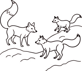 Arctic Fox Family, Line Art, Wildlife, Drawing, Nature, Animals, Cute, Mammal, Scene, Illustration