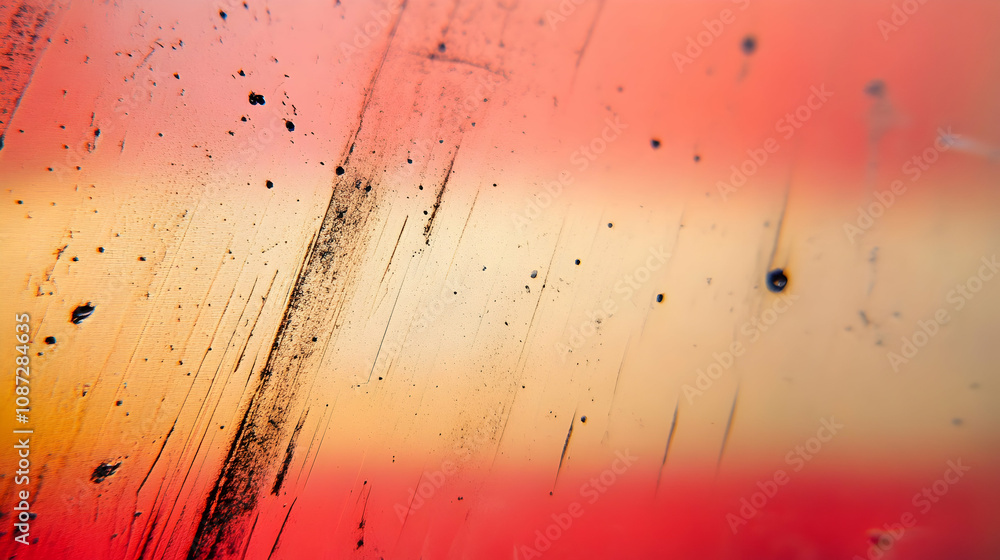 Poster abstract closeup image of a scratched red and yellow surface with black marks
