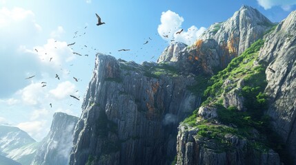 The rugged terrain of a high cliff under a clear blue sky, with birds soaring above.
