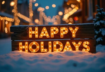 A beautifully illuminated wooden holiday sign that reads Happy Holidays adorned with warm lights, set against a serene, snowy street decorated with festive lights