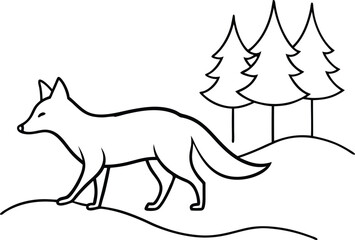 A simple line drawing of a fox walking in a snowy landscape with three evergreen trees in the background. Clean lines, minimalist style.