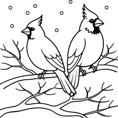 Two Northern Cardinals Perched on Winter Branch, Snow Falling