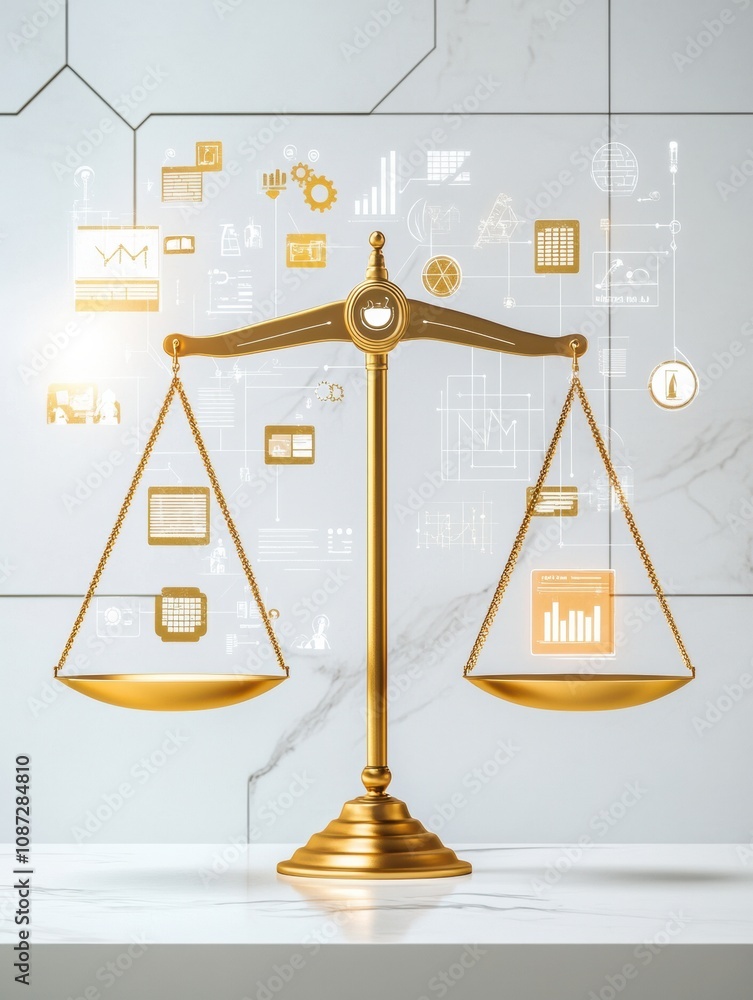 Poster a golden balance scale symbolizes justice, with digital graphs and charts displayed behind, indicati