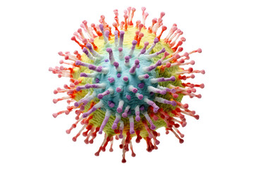 High-resolution image of a corona virus isolate, emphasizing the spike proteins and overall morphology, set against a pure white background.