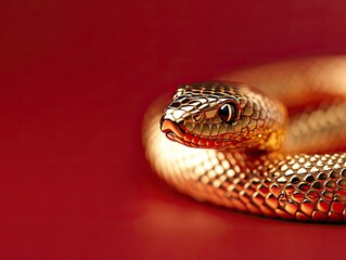 Fototapeta premium A close-up of a golden snake coiled on a vibrant red background, showcasing its shimmering scales and distinctive features.