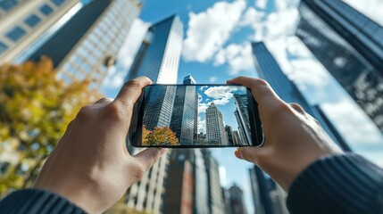 A person taking photos of skyscrapers while exploring downtown, highlighting tourism and architecture