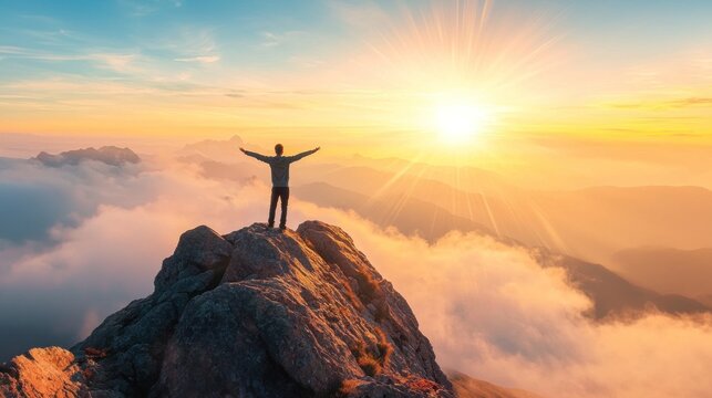 A person stands on a mountaintop at sunrise feeling a moment of pure ecstasy as they take in the breathtaking view and fresh air