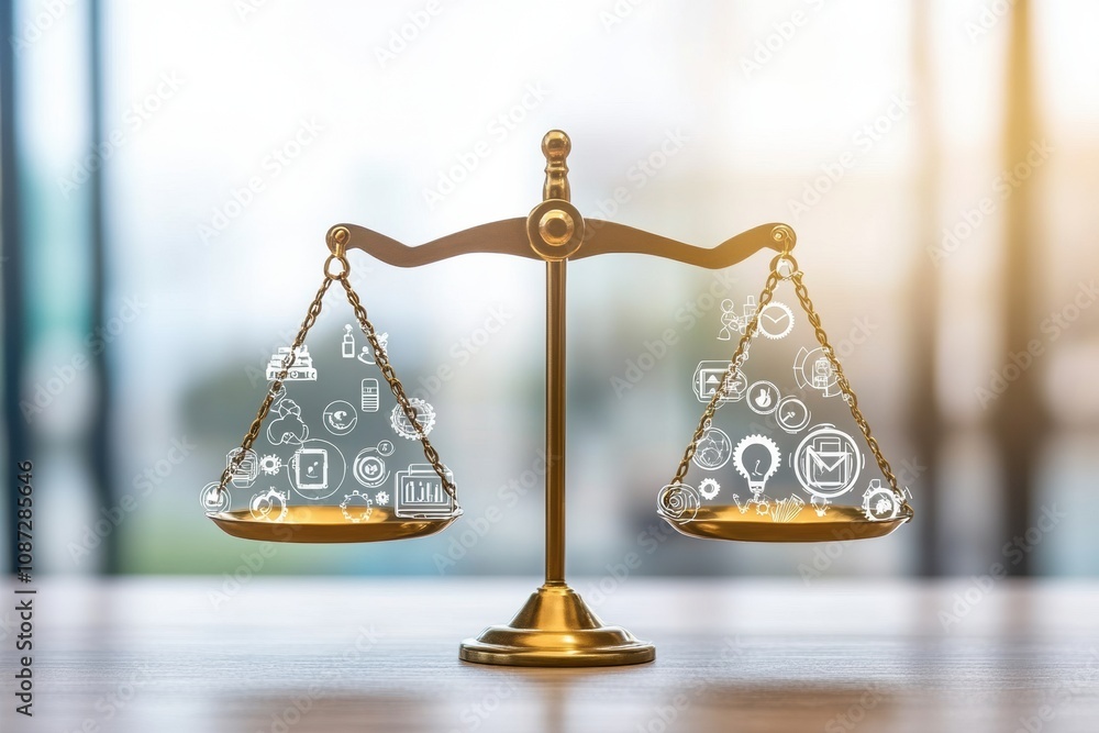 Aufkleber a golden balance scale displays various icons of justice, equity, and law in a bright setting, refle