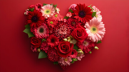 Red and Pink Flowers Arranged in Heart Shape on Red Background: A Romantic Floral Composition