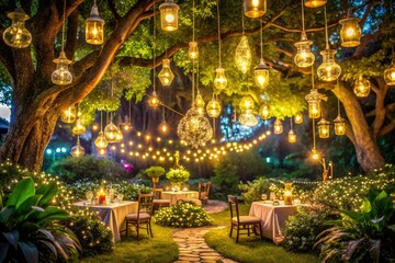 Enchanting Evening Party in a Serene Garden with Glowing Lights Hanging from Trees