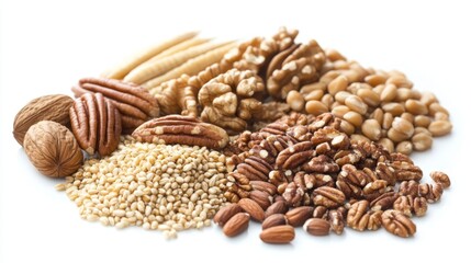Obraz premium A Diverse Collection of Nuts and Grains Showcasing a Variety of Textures, Colors, and Nutritional Benefits Ideal for Health-Conscious Recipes and Snack Ideas