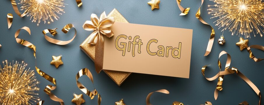 Business Appreciation Gift Card Concept for New Year. A festive flat lay featuring a gift card, golden decorations, and sparkle elements, perfect for celebrations and gifting occasions