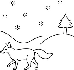 Arctic Fox Winter Wonderland Snowy Hills, Pine Tree, Line Art