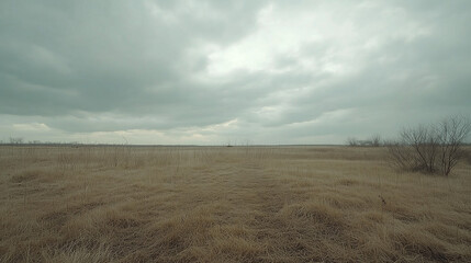 Expansive Empty Prairie Landscape with Overcast Skies and Dry Grass Fields under Dramatic Cloud Formations