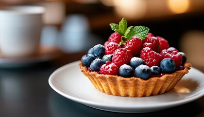 A delicious fruit tart topped with fresh raspberries and blueberries, garnished with mint, served on a white plate with a coffee cup in the background.