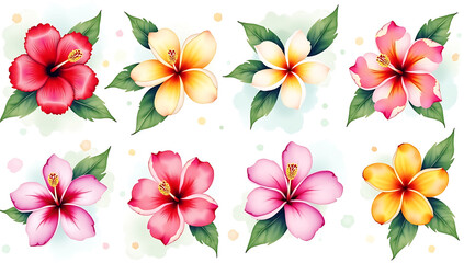 Fototapeta premium A collection of watercolor tropical flowers, including hibiscus, plumeria, and orchids, with lush green leaves and splashes of vibrant color.