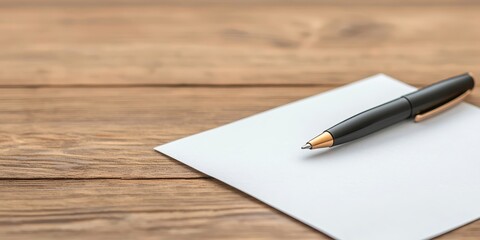 A close-up of a black pen resting on a blank sheet of paper on a wooden surface.